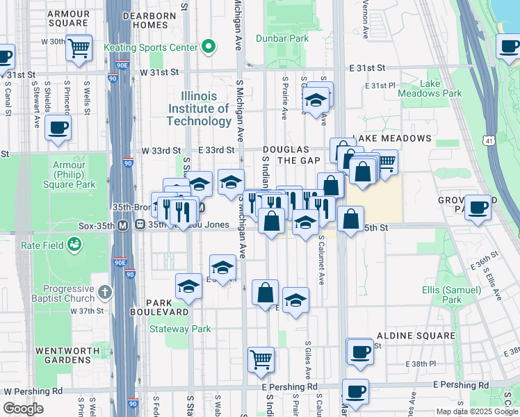 map of restaurants, bars, coffee shops, grocery stores, and more near 3429 South Michigan Avenue in Chicago