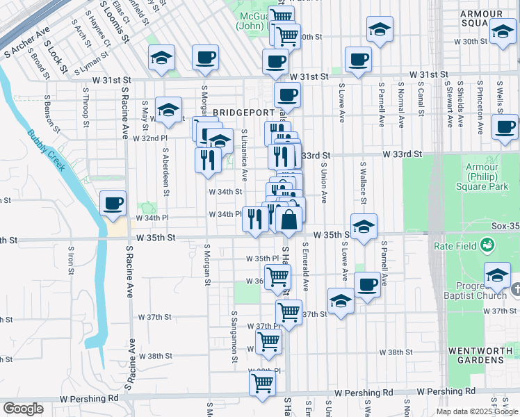 map of restaurants, bars, coffee shops, grocery stores, and more near 842 West 34th Place in Chicago