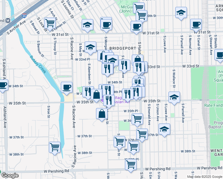 map of restaurants, bars, coffee shops, grocery stores, and more near 3423 South Morgan Street in Chicago