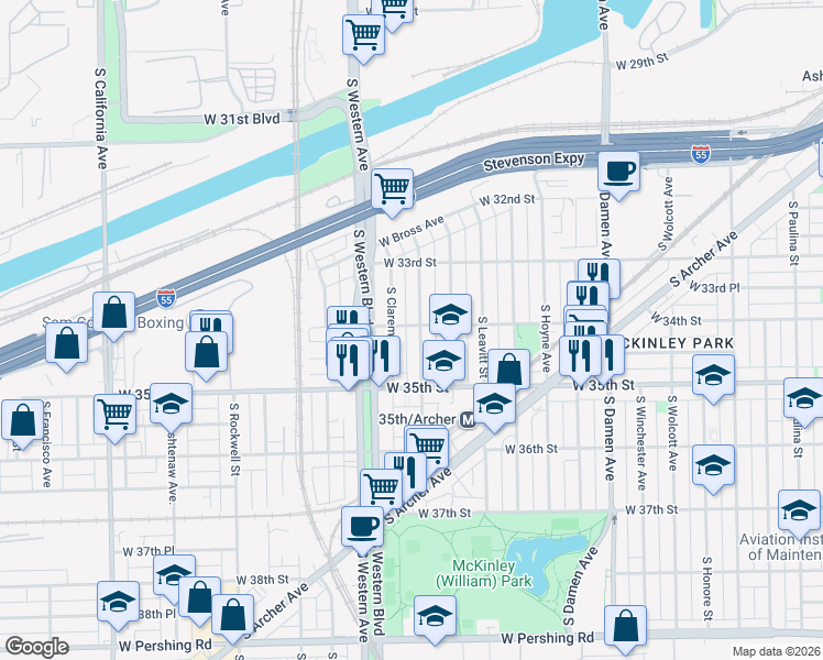 map of restaurants, bars, coffee shops, grocery stores, and more near 3401 South Oakley Avenue in Chicago