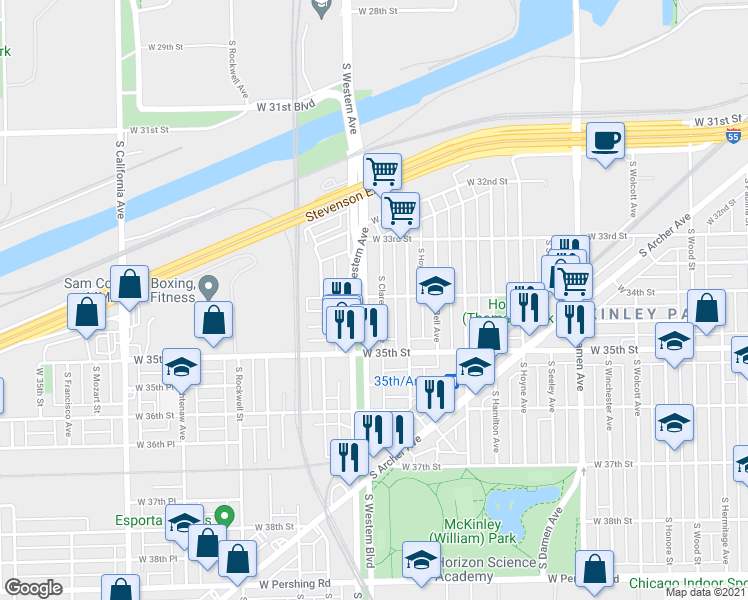 map of restaurants, bars, coffee shops, grocery stores, and more near 3401 South Western Boulevard in Chicago