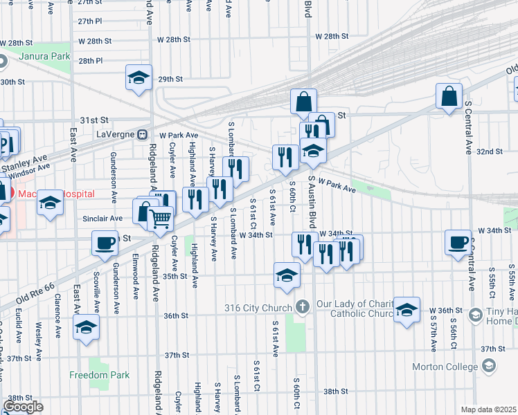map of restaurants, bars, coffee shops, grocery stores, and more near 3302 South 61st Court in Cicero