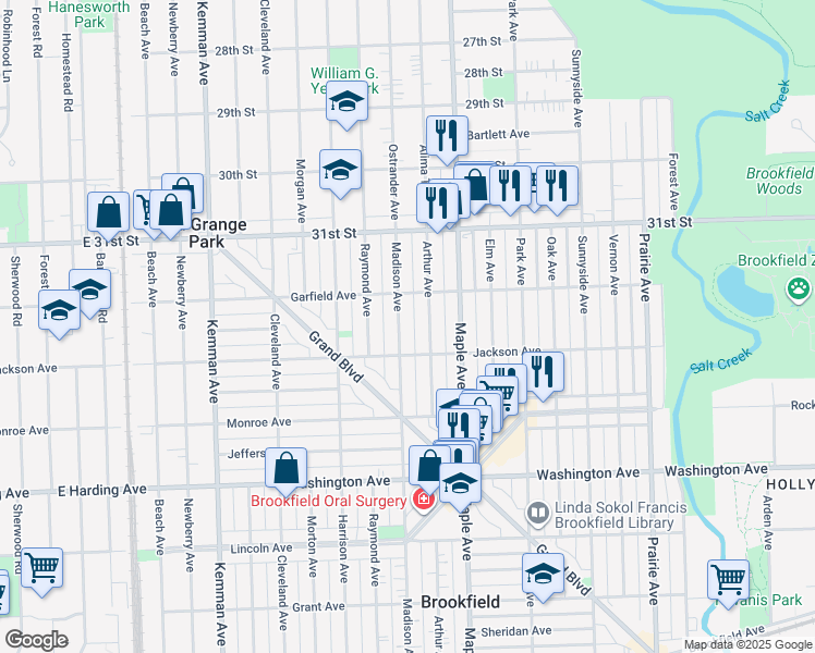 map of restaurants, bars, coffee shops, grocery stores, and more near 3227 Madison Avenue in Brookfield