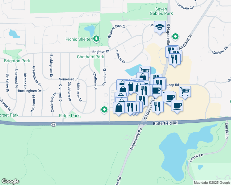 map of restaurants, bars, coffee shops, grocery stores, and more near 301-327 Brahms Court in Wheaton