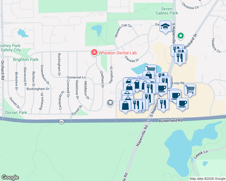 map of restaurants, bars, coffee shops, grocery stores, and more near 341 Mendelson Court in Wheaton