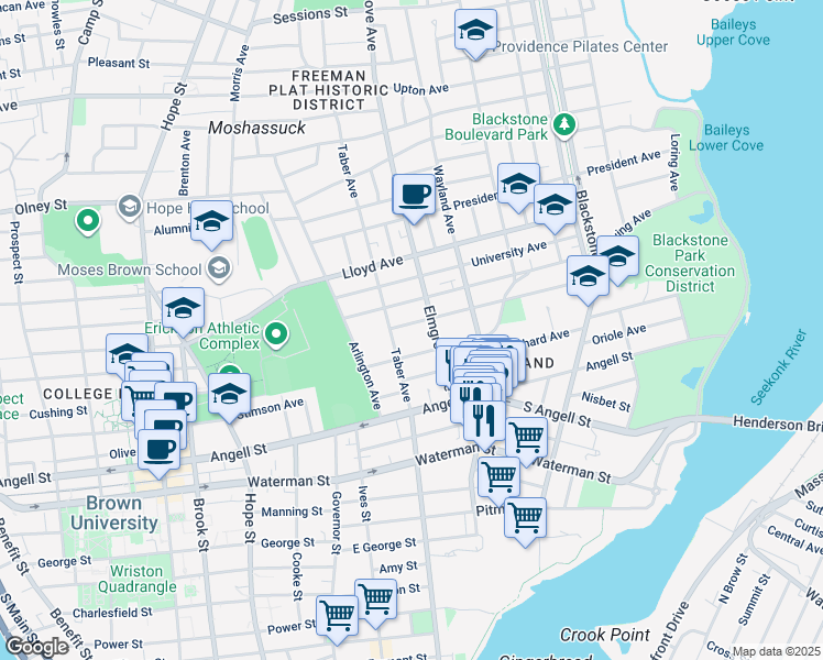 map of restaurants, bars, coffee shops, grocery stores, and more near 17 Elton Street in Providence
