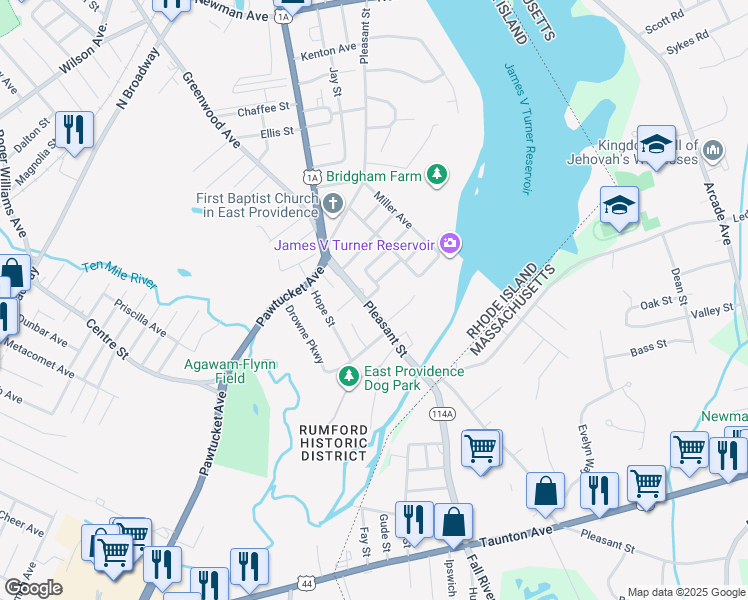 map of restaurants, bars, coffee shops, grocery stores, and more near 1 Sylvan Road in East Providence