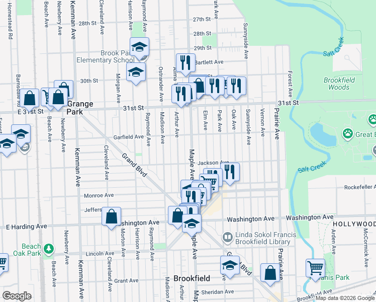 map of restaurants, bars, coffee shops, grocery stores, and more near 3226 Maple Avenue in Brookfield