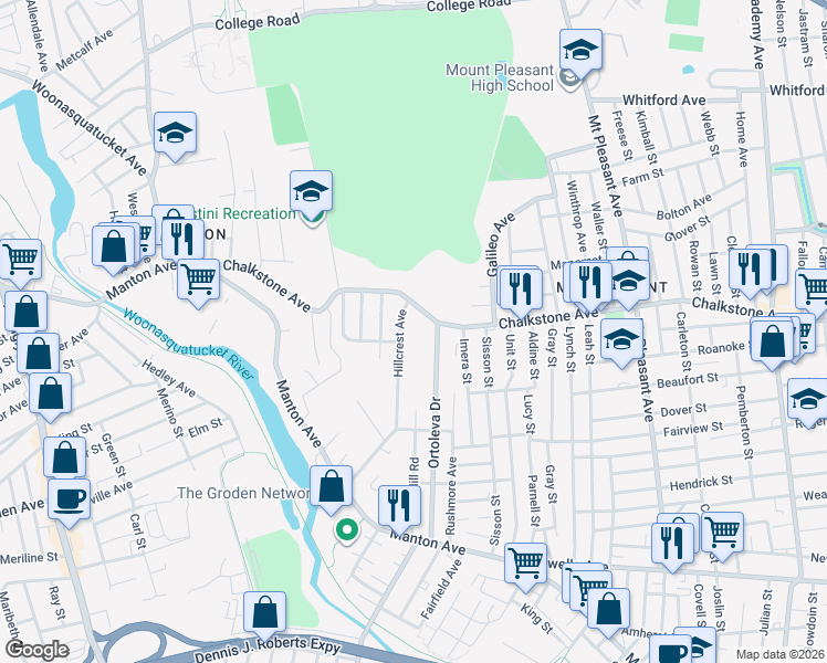 map of restaurants, bars, coffee shops, grocery stores, and more near 167R Hillcrest Avenue in Providence