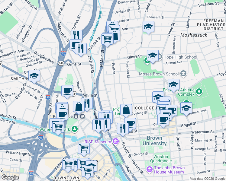 map of restaurants, bars, coffee shops, grocery stores, and more near 69 Benefit Street in Providence