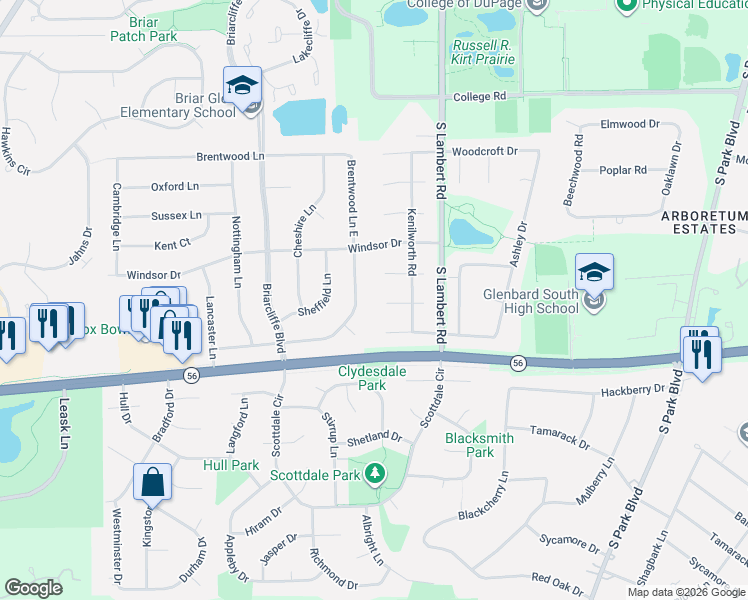 map of restaurants, bars, coffee shops, grocery stores, and more near 23W306 Cambridge Court in Glen Ellyn