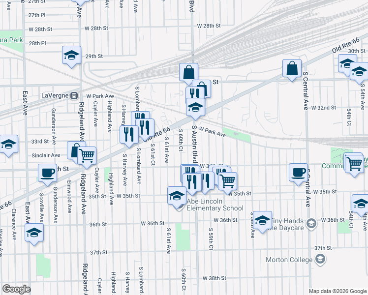 map of restaurants, bars, coffee shops, grocery stores, and more near 3301 South 60th Court in Cicero