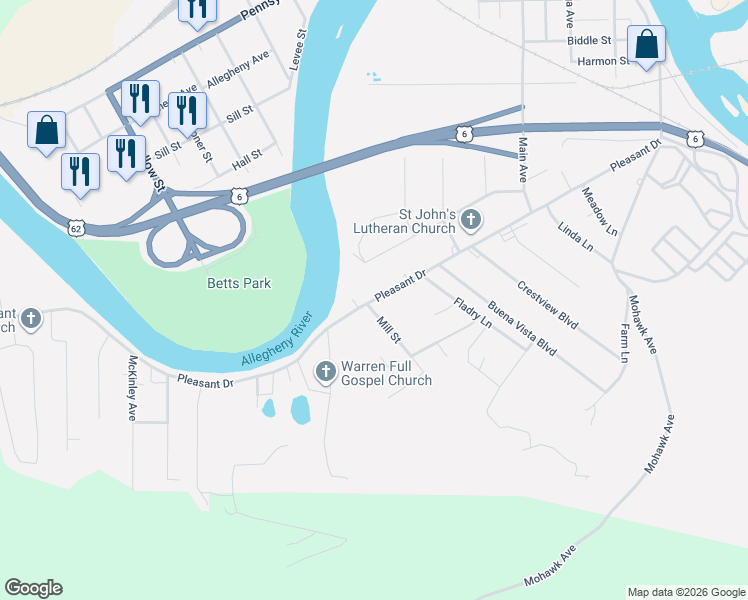 map of restaurants, bars, coffee shops, grocery stores, and more near 302 Pleasant Drive in Warren
