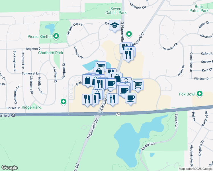 map of restaurants, bars, coffee shops, grocery stores, and more near 2042 South Naperville Road in Wheaton