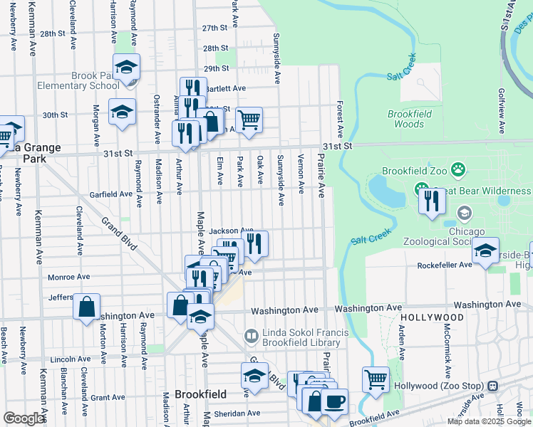 map of restaurants, bars, coffee shops, grocery stores, and more near 3229 Oak Avenue in Brookfield