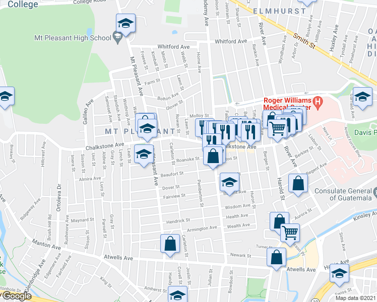 map of restaurants, bars, coffee shops, grocery stores, and more near 54 Belmont Avenue in Providence