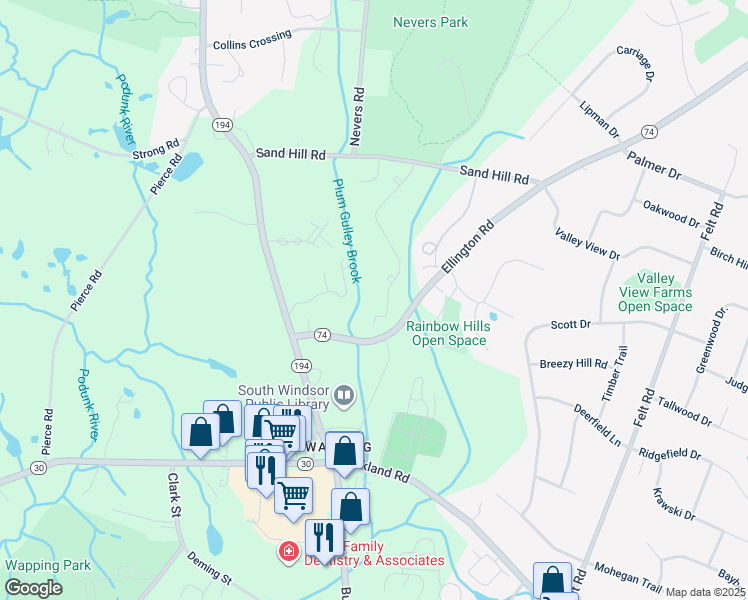 map of restaurants, bars, coffee shops, grocery stores, and more near 1014 Sandstone Drive in South Windsor
