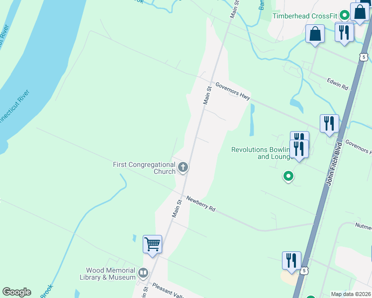 map of restaurants, bars, coffee shops, grocery stores, and more near 1039 Main Street in South Windsor