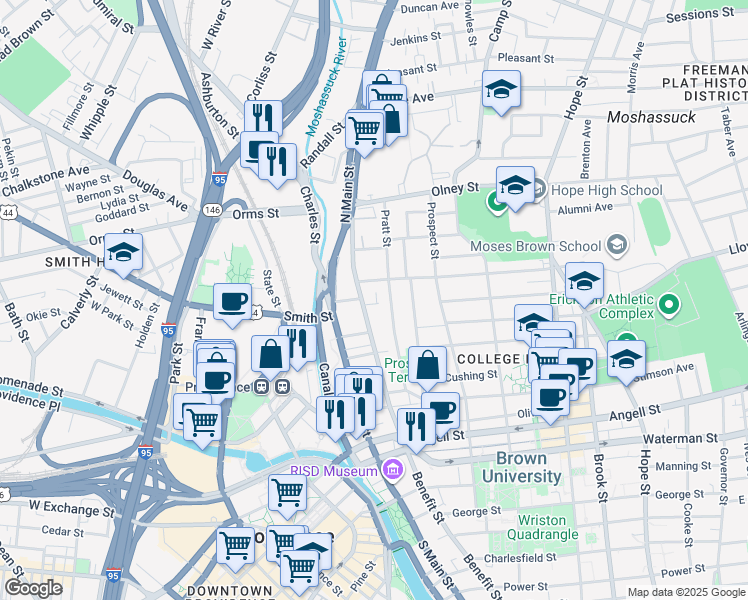 map of restaurants, bars, coffee shops, grocery stores, and more near 69 Benefit Street in Providence