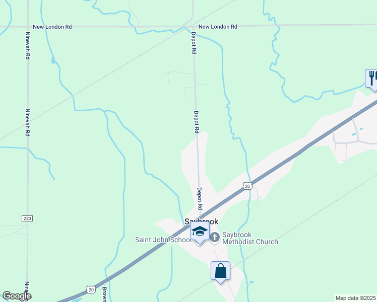 map of restaurants, bars, coffee shops, grocery stores, and more near 7433 Depot Rd in Ashtabula