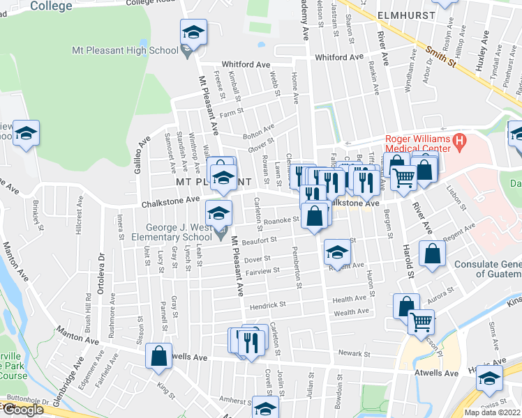 map of restaurants, bars, coffee shops, grocery stores, and more near 26 Carleton Street in Providence