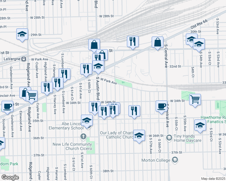 map of restaurants, bars, coffee shops, grocery stores, and more near 3300 South 59th Avenue in Cicero