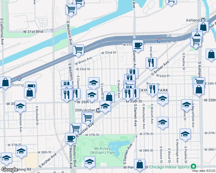 map of restaurants, bars, coffee shops, grocery stores, and more near 3400 South Hamilton Avenue in Chicago