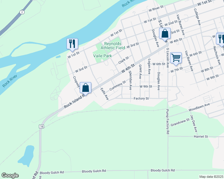 map of restaurants, bars, coffee shops, grocery stores, and more near 2106 Cummins Street in Dixon