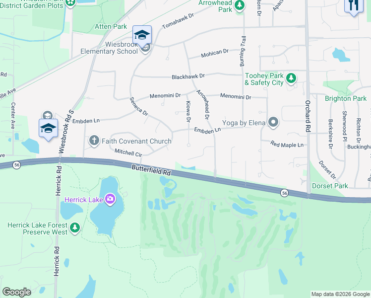 map of restaurants, bars, coffee shops, grocery stores, and more near 2S620 Kiowa Drive in Wheaton