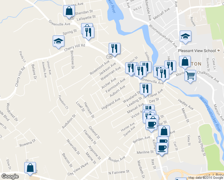 map of restaurants, bars, coffee shops, grocery stores, and more near 36 Fairmount Avenue in Johnston