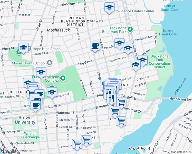 map of restaurants, bars, coffee shops, grocery stores, and more near 17 Elton Street in Providence