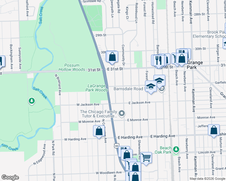 map of restaurants, bars, coffee shops, grocery stores, and more near 938 Meadowcrest Road in La Grange Park