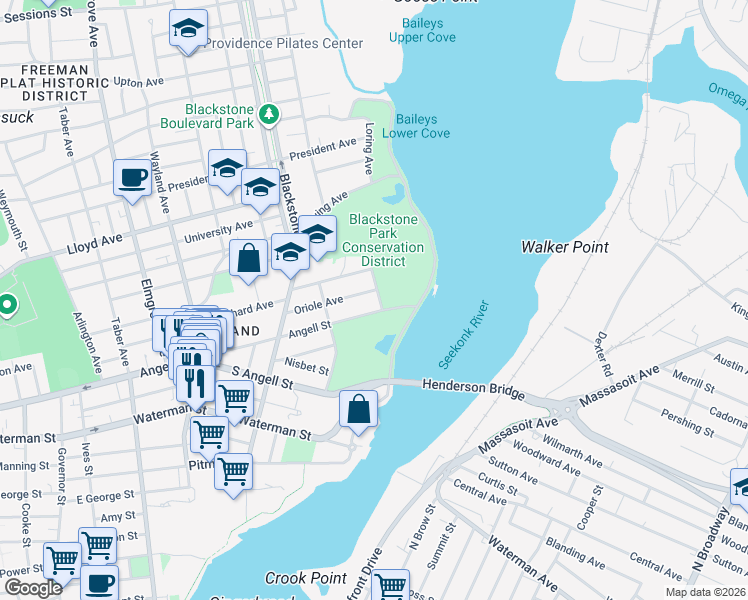 map of restaurants, bars, coffee shops, grocery stores, and more near 8 Parkside Road in Providence