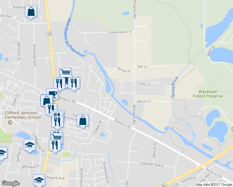 map of restaurants, bars, coffee shops, grocery stores, and more near 29W321 Iroquois Court South in Warrenville