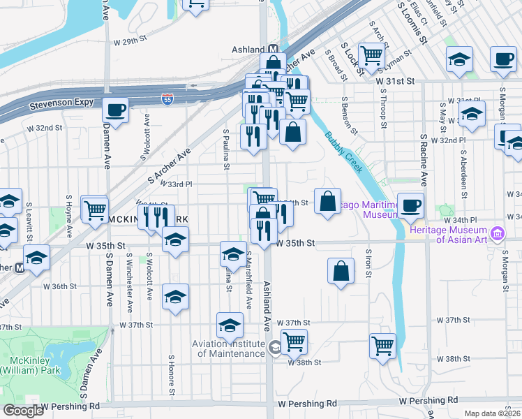 map of restaurants, bars, coffee shops, grocery stores, and more near 3410 South Ashland Avenue in Chicago