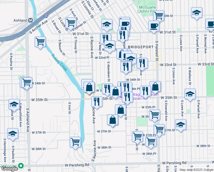 map of restaurants, bars, coffee shops, grocery stores, and more near 3420 South Aberdeen Street in Chicago