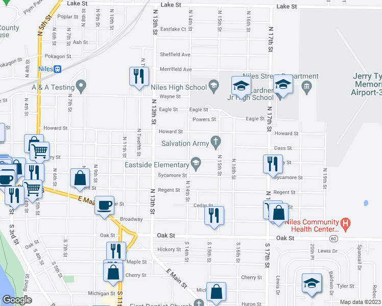 map of restaurants, bars, coffee shops, grocery stores, and more near 411 North 14th Street in Niles