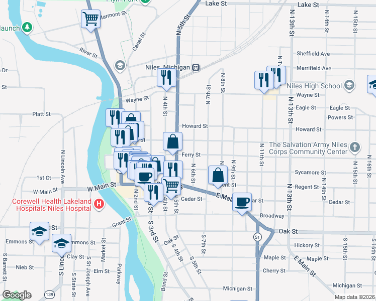 map of restaurants, bars, coffee shops, grocery stores, and more near 521 Ferry Street in Niles