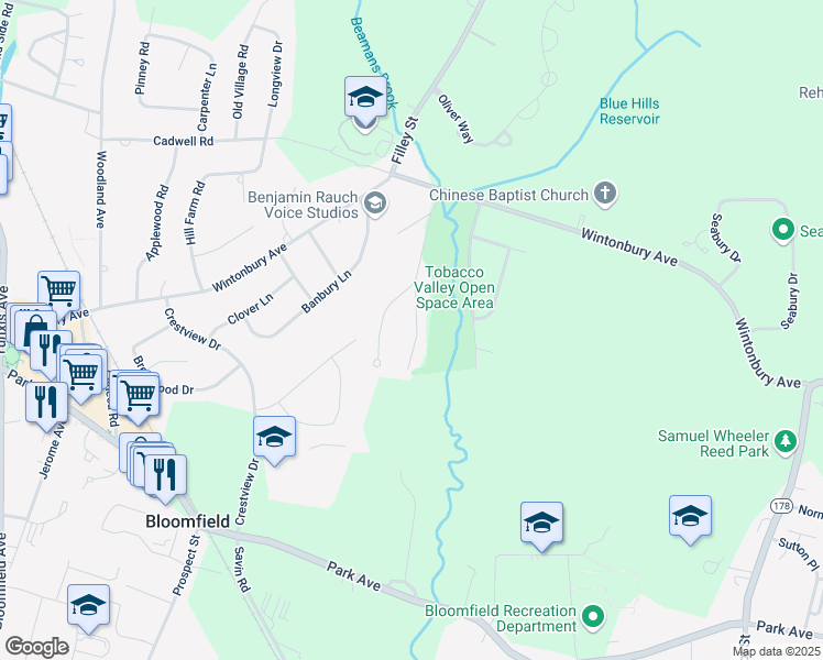 map of restaurants, bars, coffee shops, grocery stores, and more near 29 Florence Road in Bloomfield