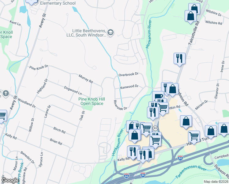 map of restaurants, bars, coffee shops, grocery stores, and more near 7 Riverside Drive in Vernon