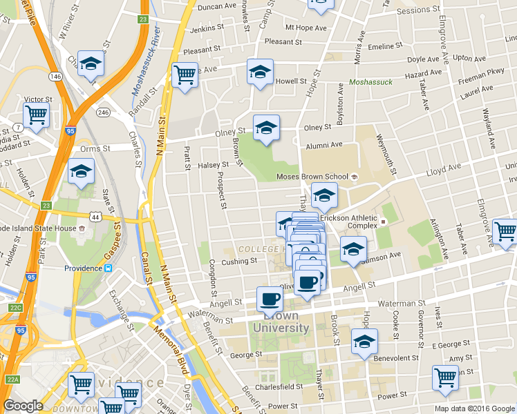 map of restaurants, bars, coffee shops, grocery stores, and more near Brown St & Keene St in Providence