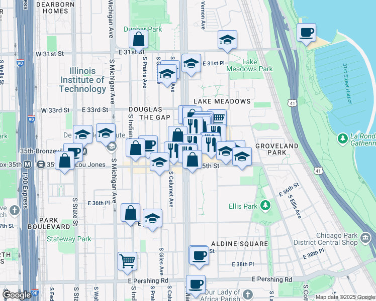 map of restaurants, bars, coffee shops, grocery stores, and more near 3445 South King Drive in Chicago
