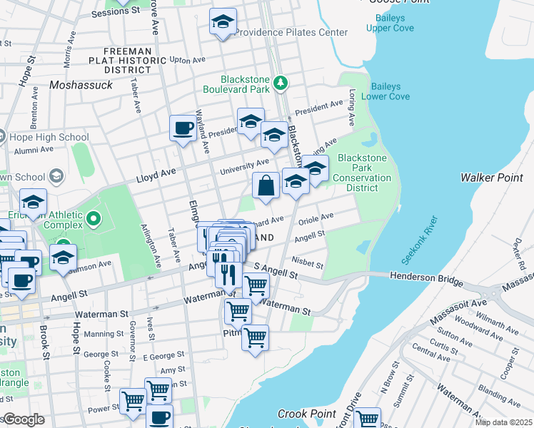 map of restaurants, bars, coffee shops, grocery stores, and more near 50 Orchard Avenue in Providence