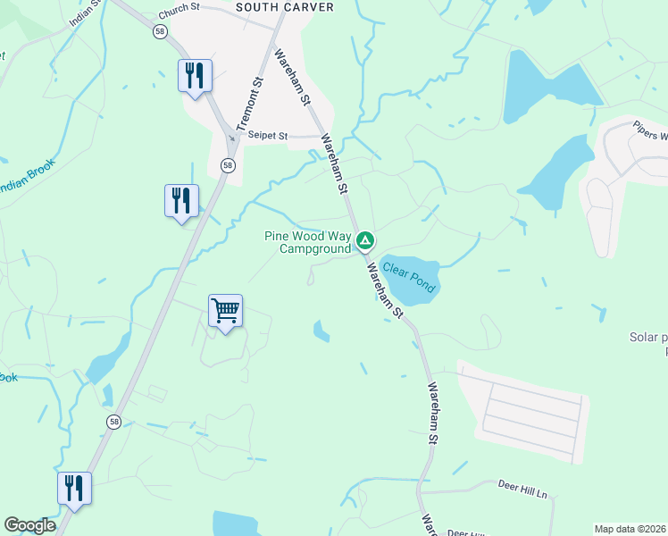 map of restaurants, bars, coffee shops, grocery stores, and more near 33 Wareham Street in Carver