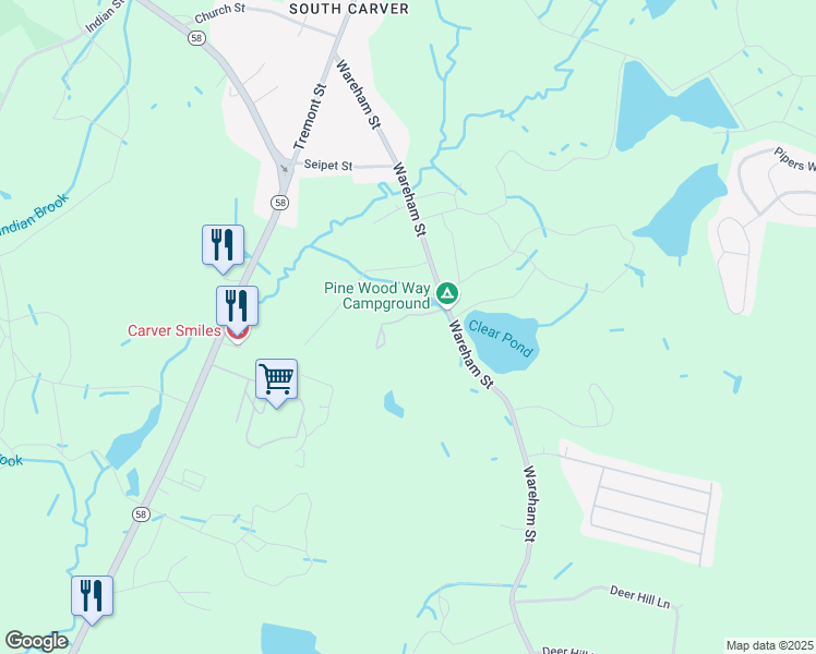 map of restaurants, bars, coffee shops, grocery stores, and more near 33 Wareham Street in Carver