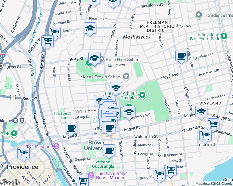 map of restaurants, bars, coffee shops, grocery stores, and more near 1951 Hope Street in Providence