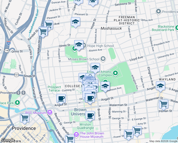 map of restaurants, bars, coffee shops, grocery stores, and more near 101 Keene Street in Providence