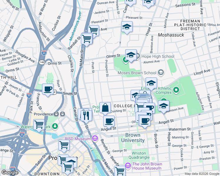 map of restaurants, bars, coffee shops, grocery stores, and more near 2 Keene Street in Providence