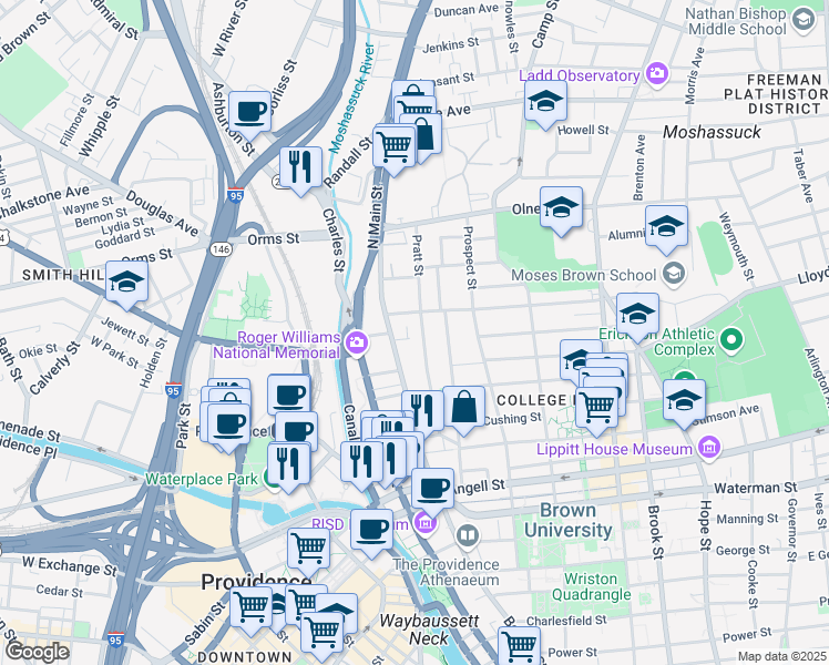 map of restaurants, bars, coffee shops, grocery stores, and more near 69 Benefit Street in Providence