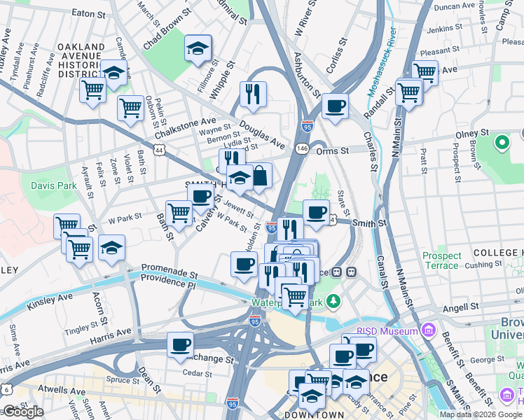 map of restaurants, bars, coffee shops, grocery stores, and more near 194 Smith Street in Providence